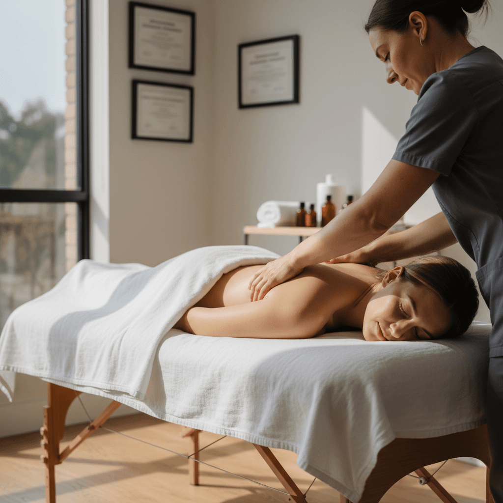 Licensed massage therapist's hands performing therapeutic deep tissue massage on relaxed client's shoulders in bright home office