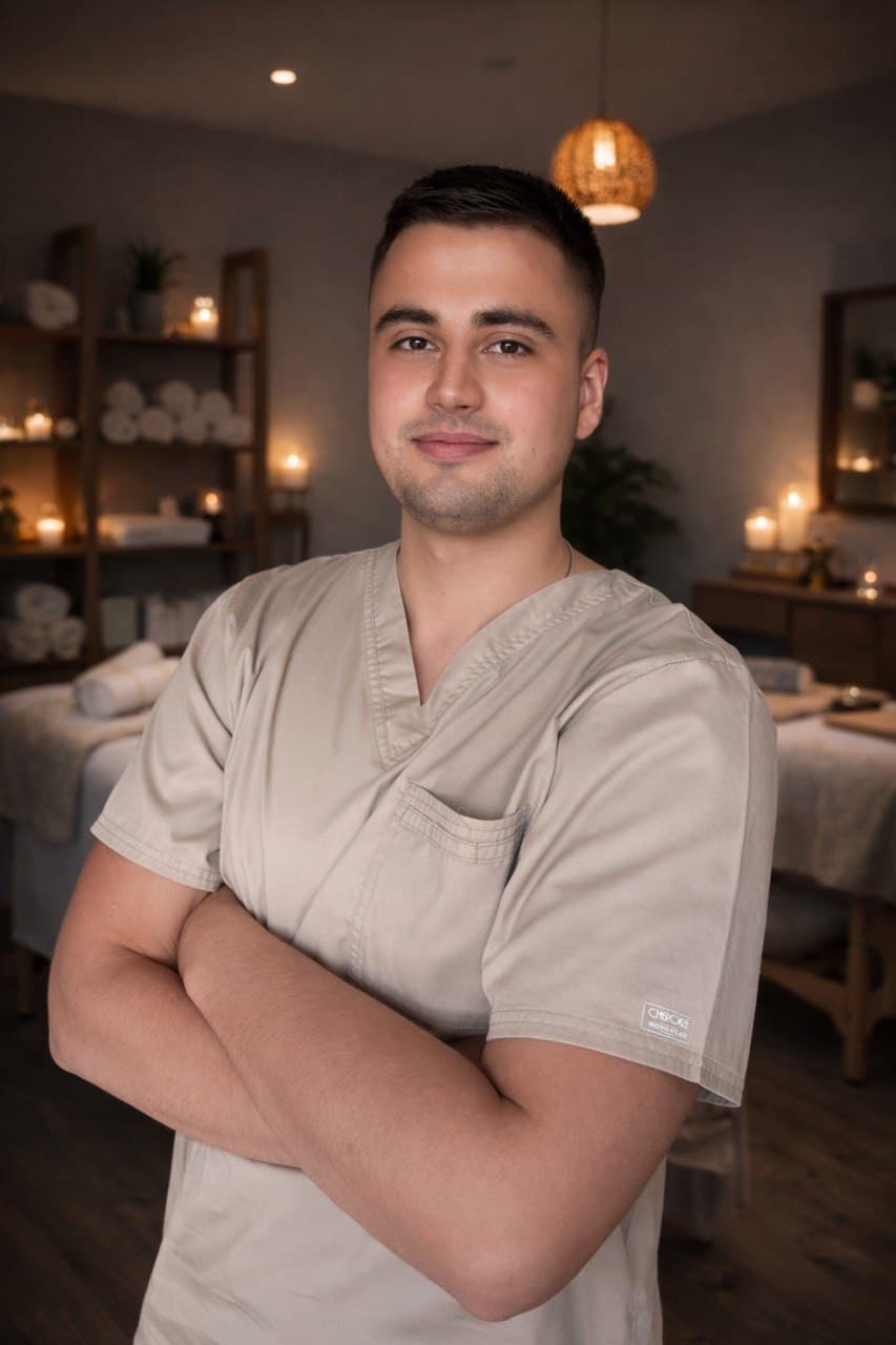 Male massage therapist in beige scrubs stands with arms crossed in a cozy spa setting.